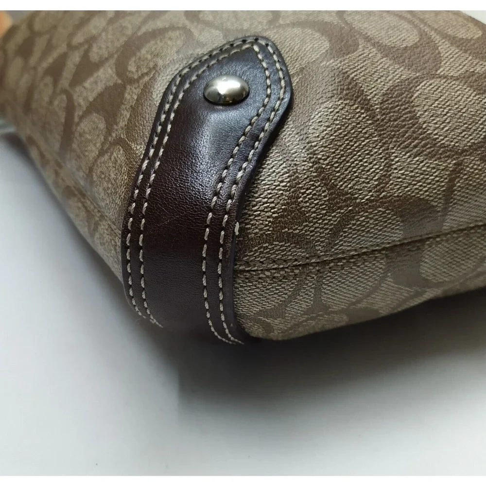 Coach Signature Brown Leather Heritage Strip Zipper Hobo Shoulder Bag
